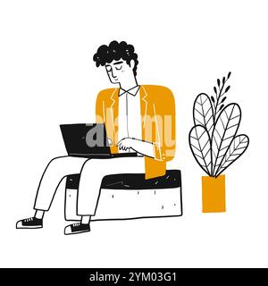 Le personnage de dessin un homme utilise un cahier, illustration vectorielle dans le style doodle d'esquisse. Illustration de Vecteur