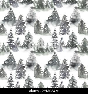 Aquarelle dessinée à la main arbres forestiers enneigés modèle sans couture, papier de répétition de paysage de couleur grise Banque D'Images