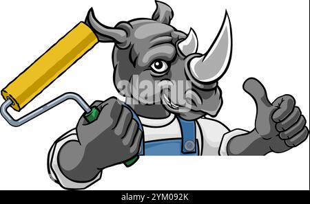 Rhino Painter Decorator Paint Roller Mascot Homme Illustration de Vecteur