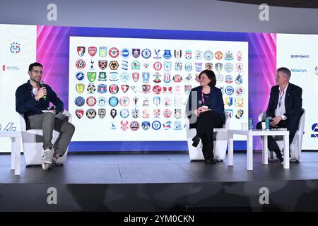 Stefano D'Errico COMMUNITY SOCCER REPORT, Emma Joussement premier LEAGUE et Mike Summers PALACE FOR LIFE FOUNDATION lors du social Football Summit 2024 au stade olympique le 19 novembre 2024 à Rome, Italie. Banque D'Images