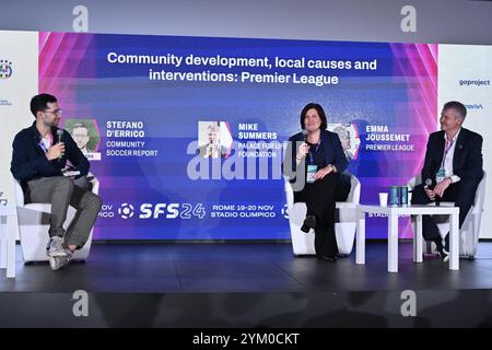 Stefano D'Errico COMMUNITY SOCCER REPORT, Emma Joussement premier LEAGUE et Mike Summers PALACE FOR LIFE FOUNDATION lors du social Football Summit 2024 au stade olympique le 19 novembre 2024 à Rome, Italie. Banque D'Images