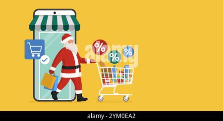 Santa Claus faire des achats en ligne à Noël, il sort d'un supermarché virtuel dans une application mobile sur smartphone et pousse un plein shopping c Illustration de Vecteur