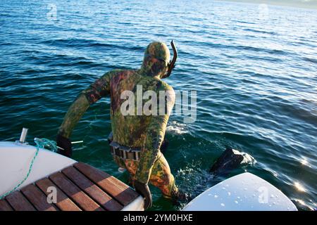 Plongeur en combinaison de plongée scaphandre sautant d'un bateau pour Snorkel - Norway Vacations Banque D'Images