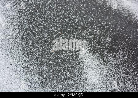 Beau fond en caoutchouc noir avec de petits grains de neige blanche. Le tapis en caoutchouc noir est recouvert d'une fine couche de neige blanche. Banque D'Images