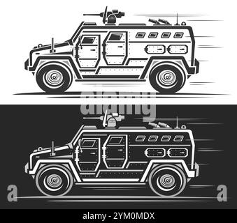 Logo vectoriel pour véhicule blindé de l'armée, bannière horizontale automobile avec illustration monochrome de contour de voiture concept de l'armée en mouvement, clip art de course Illustration de Vecteur