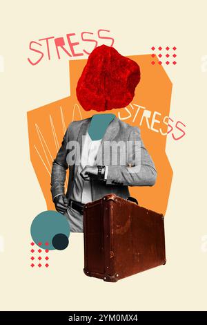 Collage photo vertical de l'homme anonyme au lieu de tête rock anxiété stress Late Limit montre valise isolé sur fond peint Banque D'Images