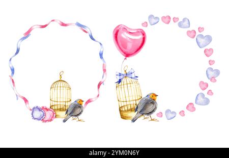 ensemble aquarelle de couronne de rubans roses et lilas, coeurs roses et lilas, cage d'oiseau doré, oiseau blanc rouge mignon, oreillers en forme de coeur Banque D'Images
