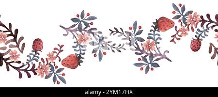 Fraise, framboise et fleurs bordure d'aquarelle sans couture. Décoration de doodle dessinée à la main Banque D'Images
