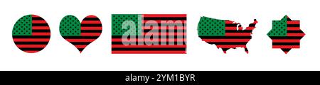 Drapeau américain afro-américain ensemble d'icônes isolé sur fond blanc. Drapeau afro-américain dans les couleurs vert, noir et rouge, les personnes noires et les droits civils s Banque D'Images
