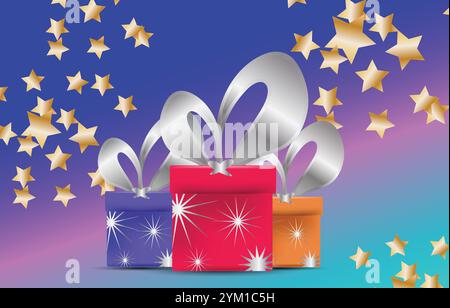 Illustration festive avec des boîtes-cadeaux colorées ornées de rubans d'argent, sur fond rouge vif avec des étoiles dorées tombantes, parfait fo Illustration de Vecteur