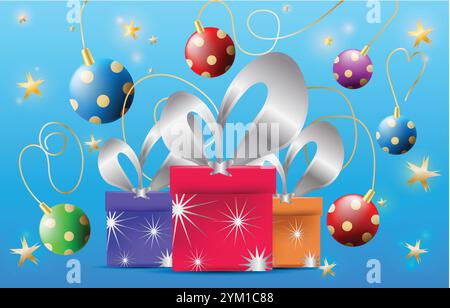 Cadeaux de noël enveloppés avec des rubans d'argent et des boules de noël colorées suspendues sur un fond rouge avec des étoiles Illustration de Vecteur