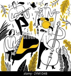 Main dessinant les musiciens jouant de la musique. Illustration vectorielle style doodle. Illustration de Vecteur