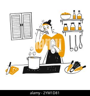 Une jeune femme cuisine dans sa cuisine. Dessiné à la main, illustration vectorielle style doodle. Illustration de Vecteur