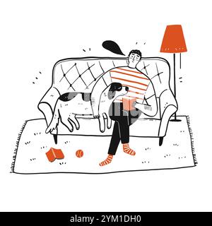 Le jeune homme et le chien dorment sur le canapé. L'élément de dessin à la main, illustration vectorielle Doodle style. Illustration de Vecteur