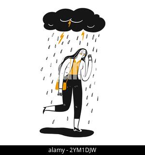 La femme est triste, illustration vectorielle dessinée à la main dans le style doodle d'esquisse. Illustration de Vecteur