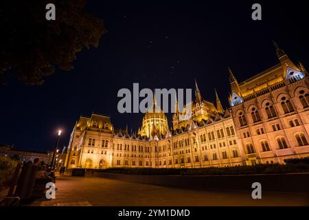 Budapest, Hongrie - 12 août 2024 : des oiseaux volent au-dessus du bâtiment illuminé du Parlement de Budapest. Banque D'Images