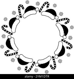 Casquettes de père Noël, flocons de neige et canne à sucre rayée cadre rond bordure espace copie modèle. Cartes de lettrage d'illustration vectorielle isolée, dépliants, bannière, brochures, salutations, etiquette ou bande Illustration de Vecteur