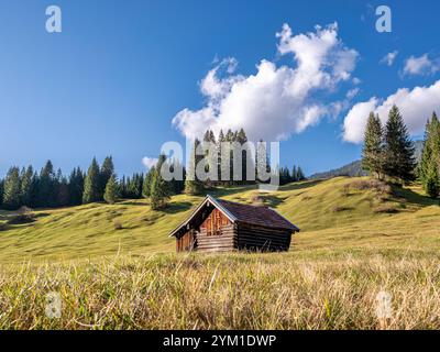 Buckelwiesen mit Heustadel BEI Krün, Mittenwald, Bayern, Deutschland, Europa Buckelwiesen mit Heustadel BEI Krün, Mittenwald, Bayern, Deutschland, EUR Banque D'Images