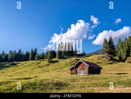 Buckelwiesen mit Heustadel BEI Krün, Mittenwald, Bayern, Deutschland, Europa Buckelwiesen mit Heustadel BEI Krün, Mittenwald, Bayern, Deutschland, EUR Banque D'Images