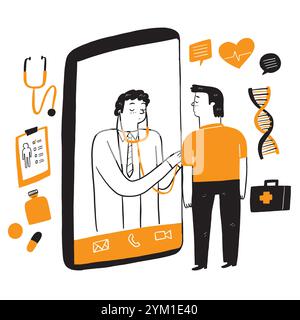 Consultation du patient chez le médecin via smartphone. Assistance médicale en ligne. Médecin en ligne. Services de santé, demandez à un médecin. Docteur avec stéthoscope o Illustration de Vecteur