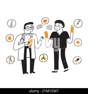 Deux médecins discutent de la façon de traiter la maladie. Icônes médicales de concept de soins de santé signes isolés sur fond blanc, illustration vectorielle doodle Illustration de Vecteur