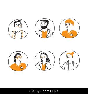 Jeu d'avatars médicaux. Le personnel de la clinique doodle avatars. icône Illustration de Vecteur