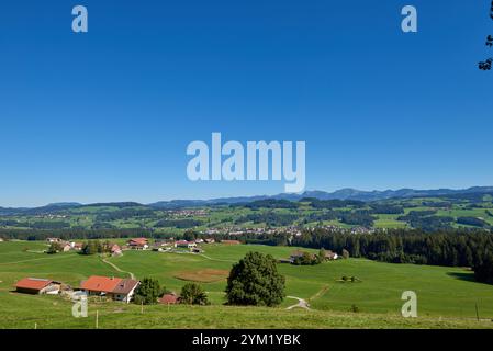 Cette image captivante met en valeur la beauté sereine de la vie rurale dans les contreforts alpins. Les propriétés traditionnelles des fermiers parsèment le paysage verdoyant et luxuriant Banque D'Images