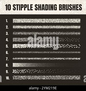 Pinceau dispersé à stipple, dessin à l'encre et texturation. Dégradé de fondu. Pointillés, dessin dotwork, ombrage à l'aide de points. Effet de désintégration des demi-tons Illustration de Vecteur