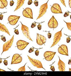 Feuilles d'automne, glands sur fond blanc. Tous les objets sont peints à la main avec de l'aquarelle, motif sans couture d'aquarelle. Pour les textiles, impression sur Banque D'Images