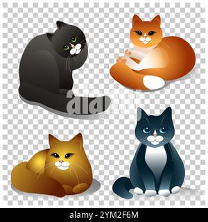 Un ensemble de quatre chats colorés drôles, dans différentes poses et races. Collection pour T-shirt, autocollant, impression. Illustration vectorielle Illustration de Vecteur