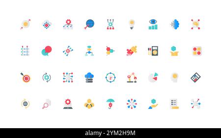 Apprentissage automatique, solutions intelligentes d'IA intégrées dans un jeu d'icônes de couleur de système de données futuriste automatique. Circuit et micropuce de connexion numérique, cerveau, illustration vectorielle d'éléments plats de base de données Illustration de Vecteur