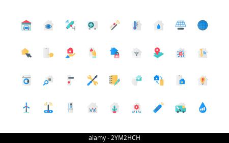 Gestion intelligente de la maison, maison avec ensemble d'icônes de couleur IoT. Contrôle du système numérique et capteurs, accès à distance et connexion avec téléphone à la porte du bâtiment et au garage avec illustration vectorielle d'éléments plats de voiture Illustration de Vecteur