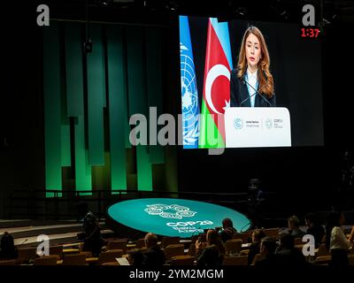 Bakou, Azerbaïdjan. 20 novembre 2024. Svitlana Hrynchuck, Ministre de la protection de l'environnement et des ressources nationales de l'Ukraine, fait une déclaration nationale lors de la reprise du segment de haut niveau dans la salle plénière Nizami dans la zone bleue pendant la COP29 de la Conférence des Nations Unies sur les changements climatiques, un événement organisé par la Convention-cadre des Nations Unies sur les changements climatiques (CCNUCC) au stade olympique de Bakou. La COP29, qui se déroulera à partir de novembre 11-22, se concentre sur la recherche d’énergie propre de compensation carbone. (Photo de Dominika Zarzycka/SOPA images/Sipa USA) crédit : Sipa USA/Alamy Live News Banque D'Images