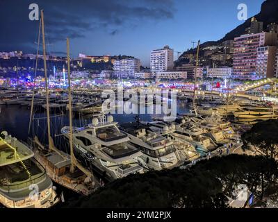Vue nocturne animée d'une marina remplie de yachts et d'un paysage urbain illuminé en arrière-plan. Monaco Banque D'Images