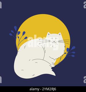 Illustration esthétique du chat blanc et du soleil. Illustration 2d de Kitty domestique. Personnage de dessin animé Illustration de Vecteur