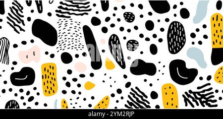 Motif sans couture d'art moderne abstrait avec doodles noir et blanc. Fond de bande dessinée plat organique, formes d'été simples dans un style enfantin Illustration de Vecteur