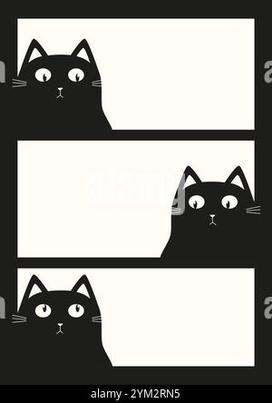 Têtes de chat jetant un coup d'œil sur l'affiche d'angle. Chaton noir a surpris le visage Illustration de Vecteur