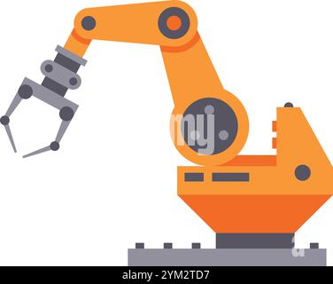 Bras robotique industriel avec griffe ouverte se préparant à ramasser un objet dans un cadre d'usine automatisé moderne, mettant en valeur l'automatisation et l'efficacité Illustration de Vecteur