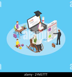 Diverses personnes de tous âges apprennent en ligne et hors ligne, en utilisant la technologie et les méthodes traditionnelles, montrant une croissance continue et l'amélioration de soi Illustration de Vecteur