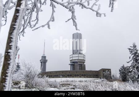 Winter im Taunus BEI wiederholten Schneeschauern ist die Landschaft am Großen Feldberg mit einer dünnen Schneedecke und Raureif überzogen., Schmitten Hessen Deutschland *** hiver dans le Taunus avec des averses de neige répétées, le paysage de la Großer Feldberg est recouvert d'une fine couche de neige et de gel des palourdes , Schmitten Hessen Allemagne Banque D'Images