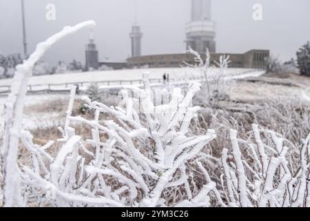 Winter im Taunus BEI wiederholten Schneeschauern ist die Landschaft am Großen Feldberg mit einer dünnen Schneedecke und Raureif überzogen., Schmitten Hessen Deutschland *** hiver dans le Taunus avec des averses de neige répétées, le paysage de la Großer Feldberg est recouvert d'une fine couche de neige et de gel des palourdes , Schmitten Hessen Allemagne Banque D'Images