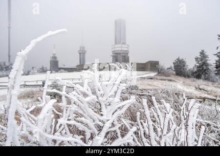 Winter im Taunus BEI wiederholten Schneeschauern ist die Landschaft am Großen Feldberg mit einer dünnen Schneedecke und Raureif überzogen., Schmitten Hessen Deutschland *** hiver dans le Taunus avec des averses de neige répétées, le paysage de la Großer Feldberg est recouvert d'une fine couche de neige et de gel des palourdes , Schmitten Hessen Allemagne Banque D'Images