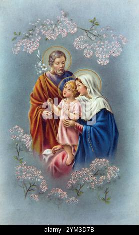 Carte de prière vintage avec illustration de la Sainte famille -Saint Joseph, Vierge Marie et l'enfant Jésus Christ Banque D'Images