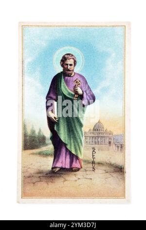 Carte de prière italienne vintage avec Saint Pierre tenant les clés du ciel avec la basilique Saint Pierre au Vatican Banque D'Images