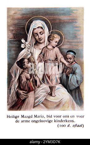 Carte de prière néerlandaise vintage 'Bienheureuse Vierge Marie prie pour nous et les pauvres enfants incroyables' carte de prière représentant la Vierge Marie et l'enfant Jesu Banque D'Images