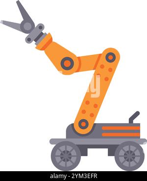 Bras robotique moderne avec pince fixée à une plate-forme à roues, conçu pour soulever et manipuler des objets dans des environnements industriels ou de recherche Illustration de Vecteur