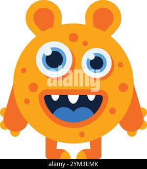 Joyeux, rond, monstre de bande dessinée orange avec de grands yeux bleus, de petites oreilles orange et de courtes pattes orange est souriant, révélant ses dents blanches et bleues Illustration de Vecteur