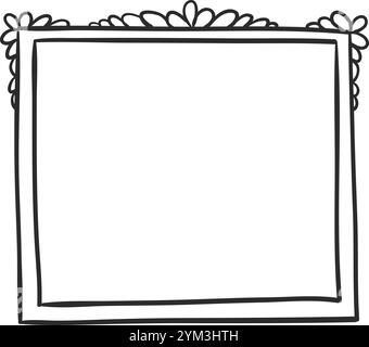 Cadre rectangulaire avec un design dessiné à la main avec des accents floraux, offrant une bordure simple mais élégante sur un fond blanc propre, idéal pour Illustration de Vecteur