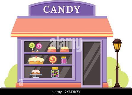 Extérieur de bâtiment de magasin de bonbons de dessin animé coloré avec des gâteaux, sucettes et pots de bonbons montrant dans l'affichage de la fenêtre, lampadaire et buissons verts au Illustration de Vecteur