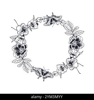 Couronne florale avec papillons à l'encre. Illustration vectorielle dessinée à la main dans un style graphique. Pour les cartes de voeux d'anniversaire, Saint Valentin, invitations, poste Illustration de Vecteur